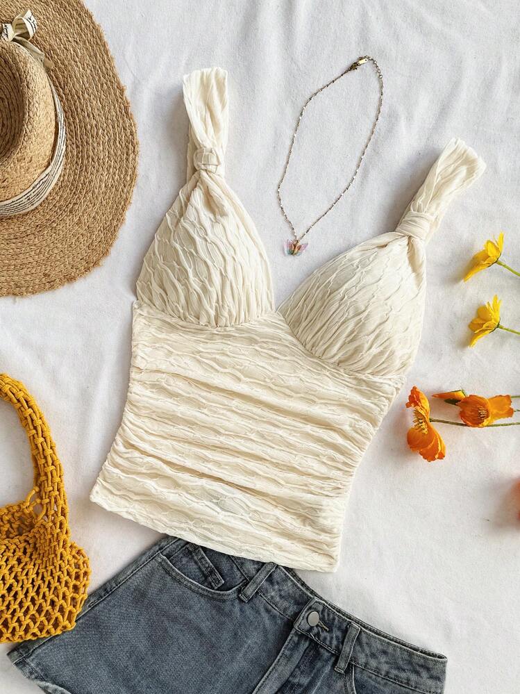 Soleia 女士米色纹理 V 领宽肩带修身褶饰吊带背心，适合派对、约会、下午茶、海滩度假 - 米色 - 查看 3