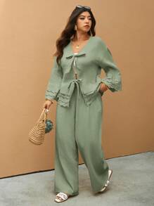 Elaquor Bộ 2 món thêu vá màu trơn đơn giản giản dị cỡ lớn ngày lễ, áo sơ mi nữ + quần nữ, thích hợp cho kỳ nghỉ lãng mạn, mặc nhà thường ngày, trang phục hàng ngày, hàng mới về mùa xuân - màu xanh lá - Xem 7