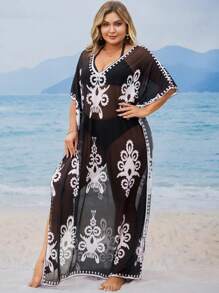 Swim Mulvari Robe ample de style conservateur imprimée rétro comme couvre-maillot de plage pour femmes grande taille - Multicolore - Voir 4