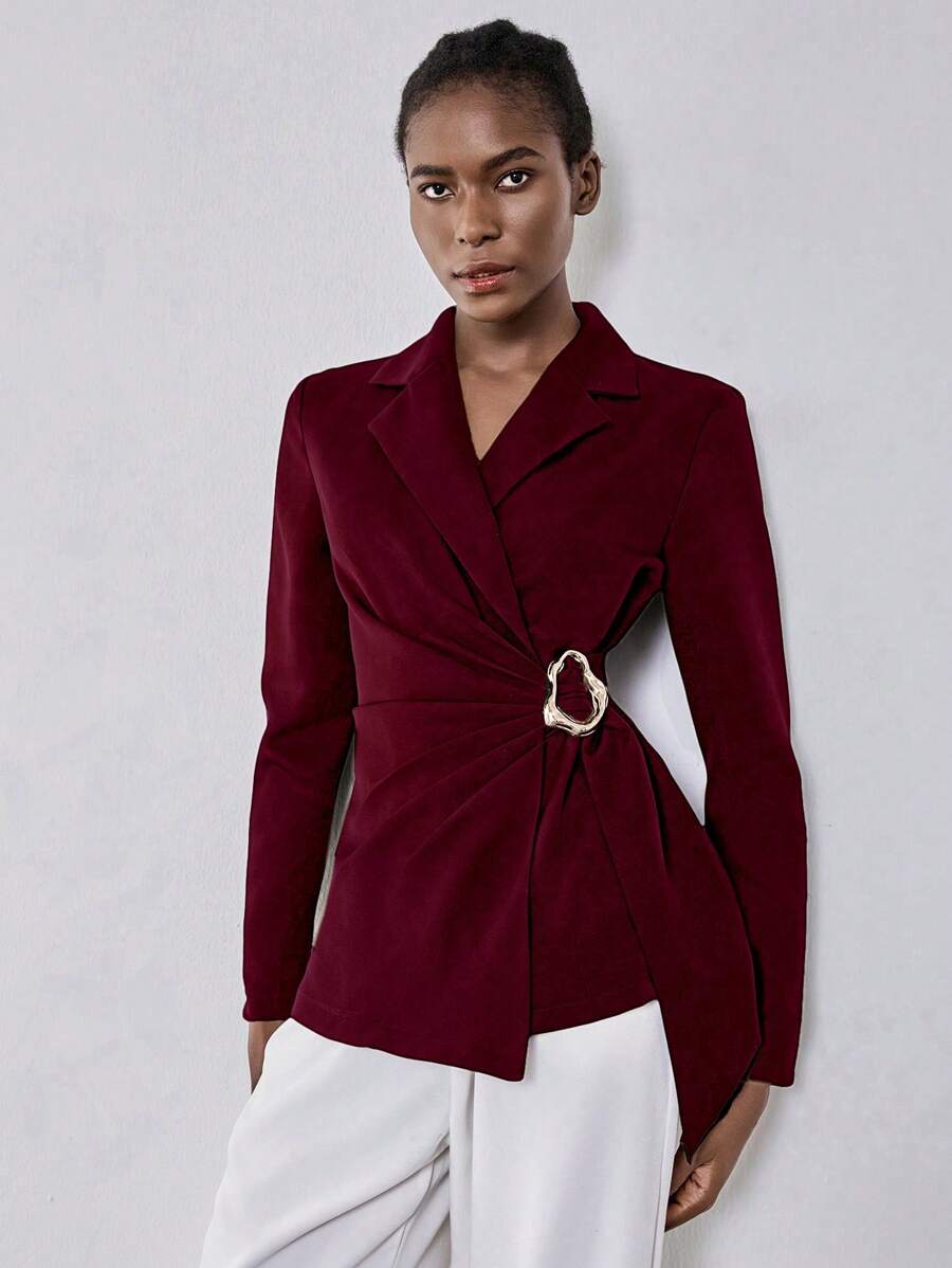 Lumivelle Women's Elegant Red Violet Woven Fabric Blazer: Long Sleeve, Lapel Neckline, And Asymmetrical Hem With Wrap Details Fall Cloth For Women - Red Violet - View 1
