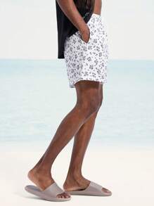 Manfinity VDAYZ Pantalones cortos de playa casuales para hombre con estampado completo, cintura con cordón y bolsillos
