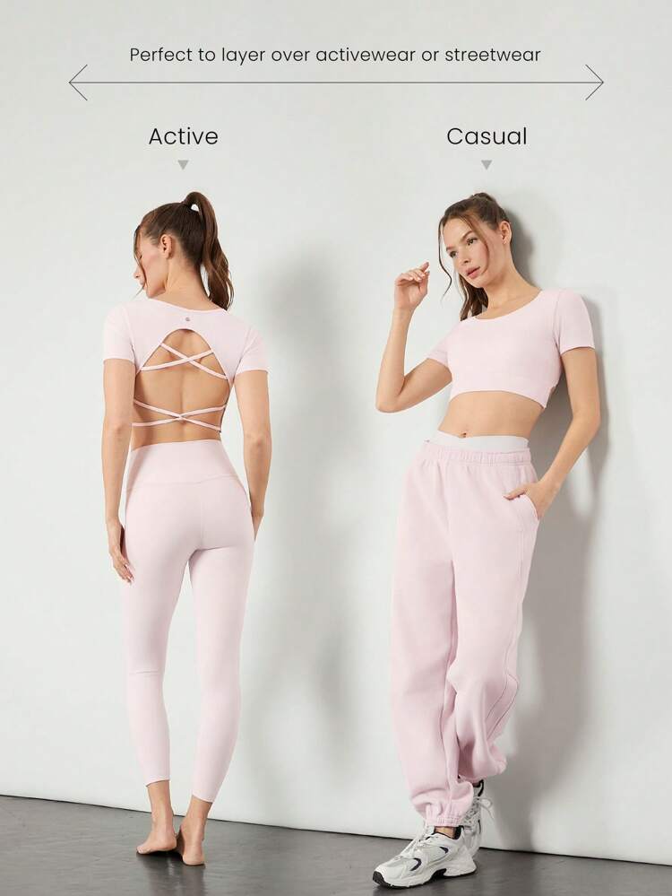 Seamless Carefree Crossover Back Cropped Short-Sleeve Active Top Daily Casual Wear Removable Cups