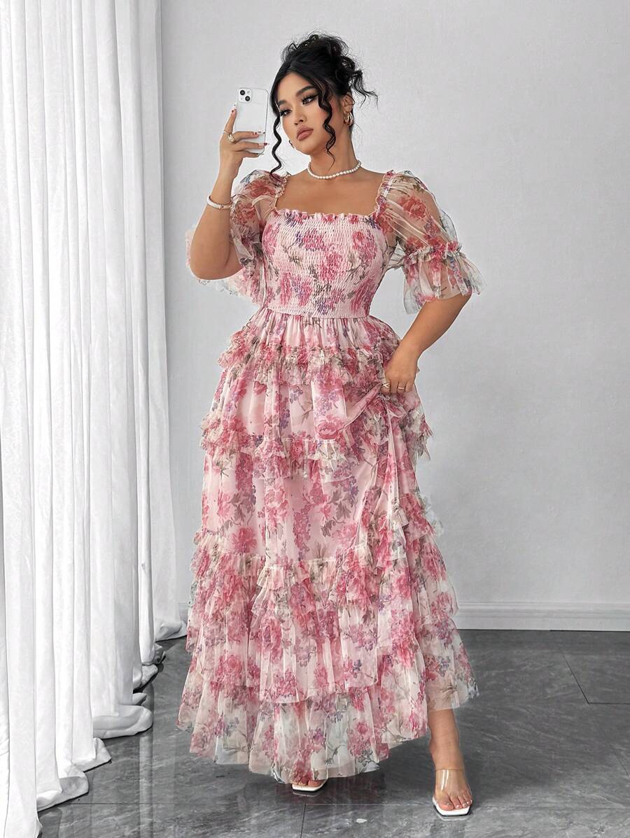 Elenzga Plus Size Women Elegant Romantic Floral Print Mesh Inlay Knitted New Dress, Sundress, Tea Party Outfit, Easter Dress, Spring Break, Cocktail Party Women Dresses Birthday Women Birthday Outfit Women Casual Dress Women S Clothes Women Summer Clothing