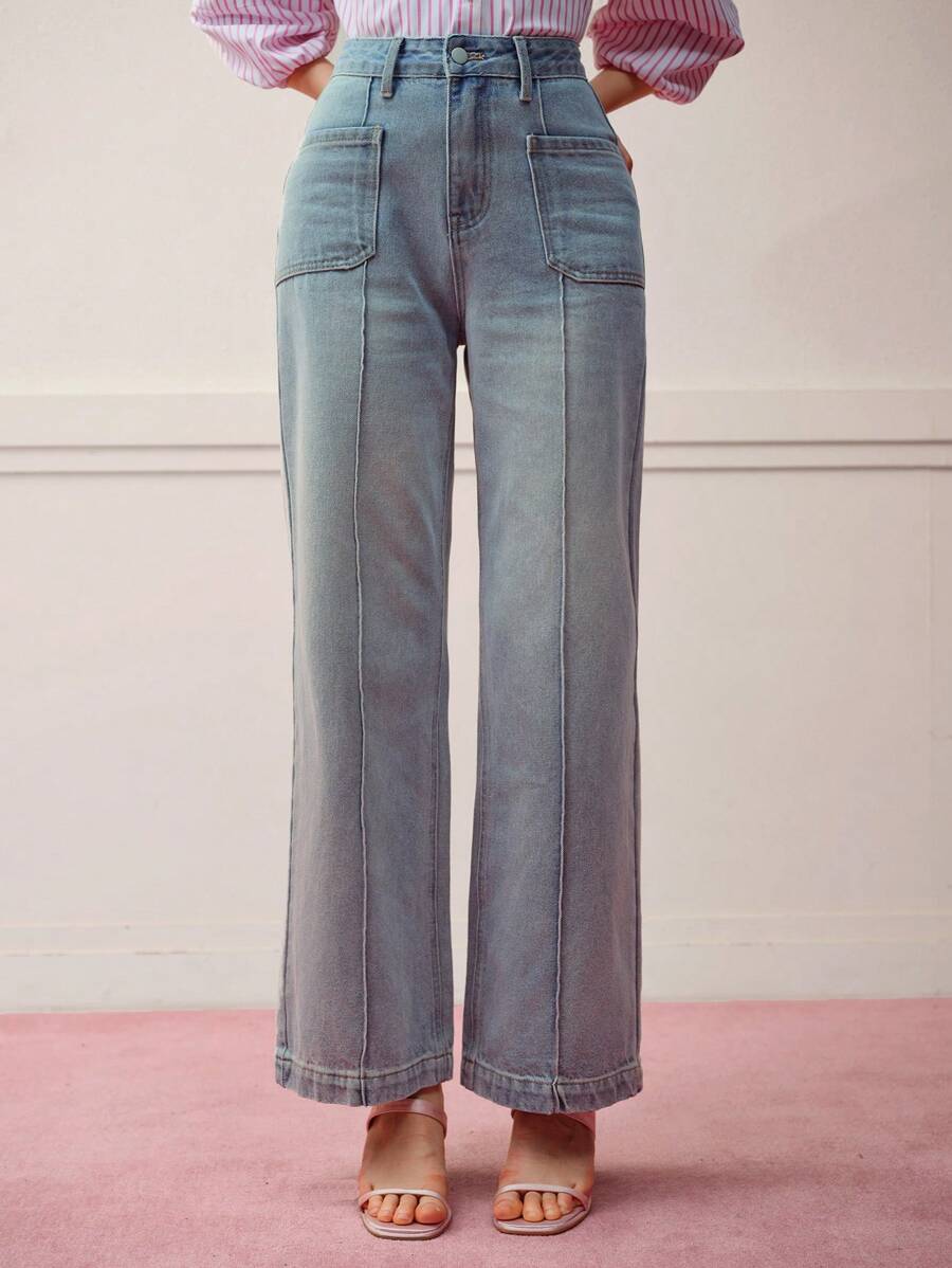 MOTF PREMIUM QUẦN JEANS CHÂN THẲNG PINTUCK ĐÃ GIẶT - Rửa trung bình - Xem 1