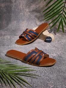 SHUZIA Glamorous Multi Color Tan Navy Pu Leather Wide Fit Fashionable Summer H Style Sandal Slide Shoe - Navy Blue - View 3