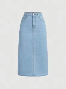 SHEIN Girlism Teens'/Young Girls' Pocketed Long Casual Versatile Straight Denim Skirt