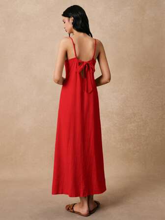 Poéselle 女士吊带连衣裙，蝴蝶结露背吊带连衣裙，宽松亚麻海滩度假舒适休闲连衣裙