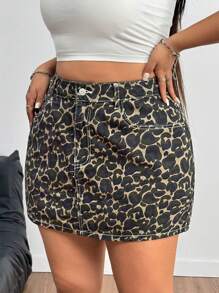 SHEIN EZwear Große Größen Sommer Lässig Leopard Muster Denim Rock kurz
