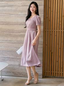 DAZY Solid Color Square Neck Puff Sleeve Pleated Midi Dress For Women Elegant Sundress - Pink - View 5