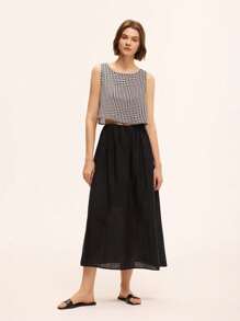 SHEIN Unity 2 pièces Ensemble décontracté de vacances pour femmes, top court carreauté en polyester/coton et jupe longue en coton pur, décontracté et confortable - Noir - Voir 6