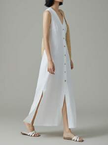 Easowa Đầm dài không tay cài nút phía trước màu trơn cho nữ, thích hợp cho kỳ nghỉ - trắng - Xem 7