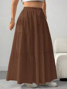 SHEIN EZwear Plus Size Women's Casual Drawstring Waist Ruffle Hem Skirt, Summer Brown - Brown - View 4