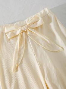 Girls Simple Elegant Fashion Elastic Waist Straight Loose Jacquard Fabric Beige Versatile Wide Leg Pants, Casual Pants With 3D Bow Decor - Beige - View 3