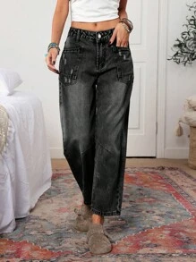 EMERY ROSE Women's Loose Casual Straight Pocket Distressed Jeans, Versatile - Light Grey - View 4