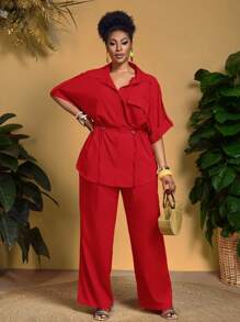 Slaydiva 大码女式优雅办公和度假胸袋抽绳腰衬衫和裤子两件套 - 紅色 - 查看 3