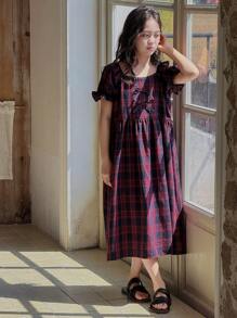 Dazy Kids Tween Girls Plaid Bow Accent Short Puff Sleeve Dress Sleepwear - Red - View 8