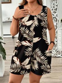 EMERY ROSE Mother's Day Casual Leaf Print Loose Plus Size Jumpsuit, Suitable For Spring/Summer - Multicolor - View 7