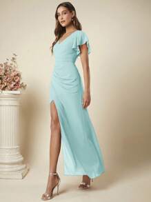 SHEIN Belle Váy phù dâu thanh lịch cổ chữ V tay bèo xẻ viền màu trơn cho phụ nữ trưởng thành - Màu xanh bạc hà - Xem 7