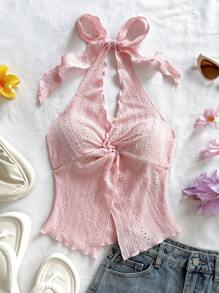 Soleia Women's Casual Solid Color Textured Twist Halter Top, Summer,Rave Top - Pink - View 5