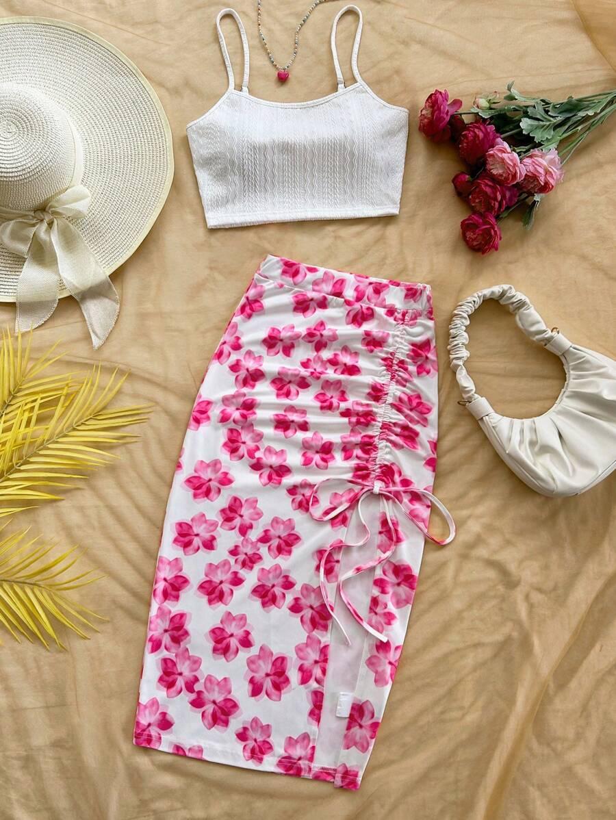 Soleia 2 件套女士节日针织短款背心和花卉印花抽绳开叉裙套装，适合节日、约会、下午茶、度假、音乐节、波西米亚风