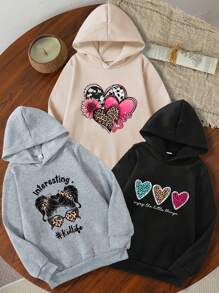 SHEIN 3pcs Teen Girl Leopard, Heart, Letter Graphic Loose Fit Comfortable Hooded Sweatshirts - Multicolor - View 4