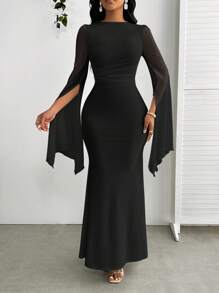 SHEIN Lady Đầm suông dài tay ôm hông phối lưới màu trơn cho nữ, dáng ôm, viền đuôi cá, thanh lịch - màu đen - Xem 3