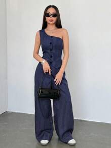 Flirla 2 pièces Ensemble de femmes minimaliste décontracté rayure brune épaule asymétrique