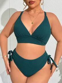 Swim Vcay Plus Size Adjustable 3D Texture Fabric Swimsuit Set, Vacation For Summer - Dark Green - View 4