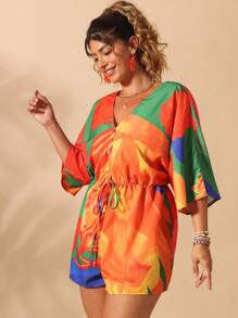 SHEIN Clasi Plus Size Dam V-ringad Träknapp Vatten Print Jumpsuit - Multifärgad - Visa 1