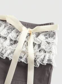 ROMWE Avant Ballet Style Lace Mesh Layered Shorts With Bow Detail, Ultra-Low Waist, Athleti - Grey - View 3