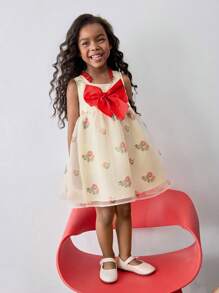 Maija Kids Maija Kids 宽松休闲少女碎花图案撞色荷叶边蝴蝶结装饰连衣裙 - 杏色 - 查看 5