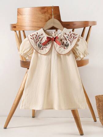 Souflis Souflis Baby Girl Casual Plant Embroidery Puff Sleeve Peter Pan Collar Dress, Summer