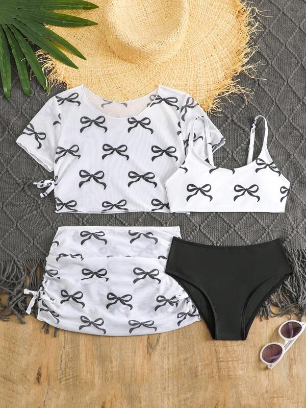 Tween Girl 2pcs/Set Butterfly Print Bikini Set With Cover-Up Skirt (Print Style Random)