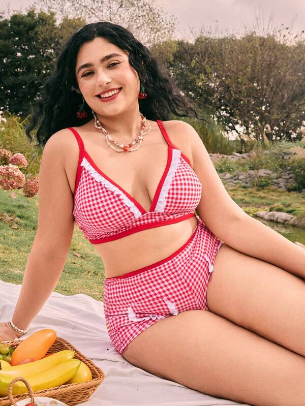 Swim Mod Plus Size Women Casual Plaid Tankini Swimsuit Set, Vacation