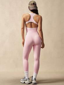 VARSIVA Contrast Color Trim Hollow Out Neckline Seamless Jumpsuit Sports Pants - Pink - View 2