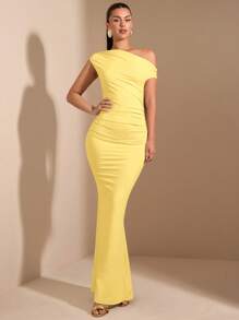 SHEIN BAE Asymmetrical Maxi Fishtail Dress, Elegant Women Casual Vacation, Daily Date, Going Out, Party, Club Wear, Autumn,Butter Yellow,Summer Dresses For Women - Yellow - View 4