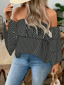 SHEIN LUNE Plus Size Black & White Striped Sleeveless Tank Top, Casual & Slimming Design - Black and White - View 6