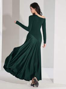 Heiryn Women's Extra Long Dress, Solid Color Oblique Shoulder Long Sleeve, Simple & Fashionable, Suitable For Summer - Dark Green - View 2
