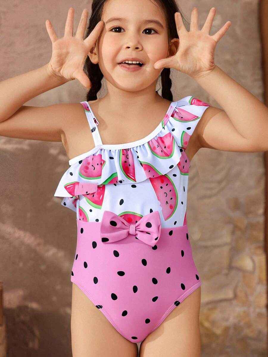 Young Girl' One-Piece Swimsuit New Arrivals, Cute Asymmetric Watermelon Print Color Blocking With Flutter Sleeve And Bow Accent, Suitable For 4-7 Years Old Girls To Wear On Beach Vacation Or Swimming Pool Toddler Girl Clothes Set Toddler Girls Outfit Sets Toddler Girl 5t - Multicolor - View 1