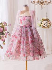Vestido elegante con estampado floral y decoración de lazo para niñas preadolescentes