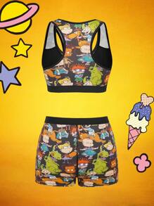 Nick 90s X SHEIN Women Black Comfy Cartoon Print Removable Soft Cup And Boyshort Panty Underwear Set, Sport,Yoga,Workout Sets Yoga Shorts