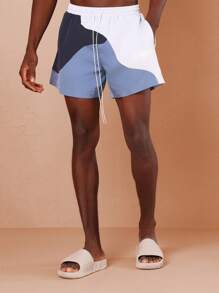 SUMWON Shorts de playa premium con diseño de bloques de color, pantalonetas de baño de verano con cordón, shorts deportivos resistentes al agua para la piscina, playa, vacaciones y deportes
