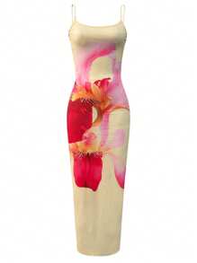 SHEIN VCAY Women's Floral Print Maxi Camisole Dress, Elegant & Figure-Flattering - Light Yellow - View 4