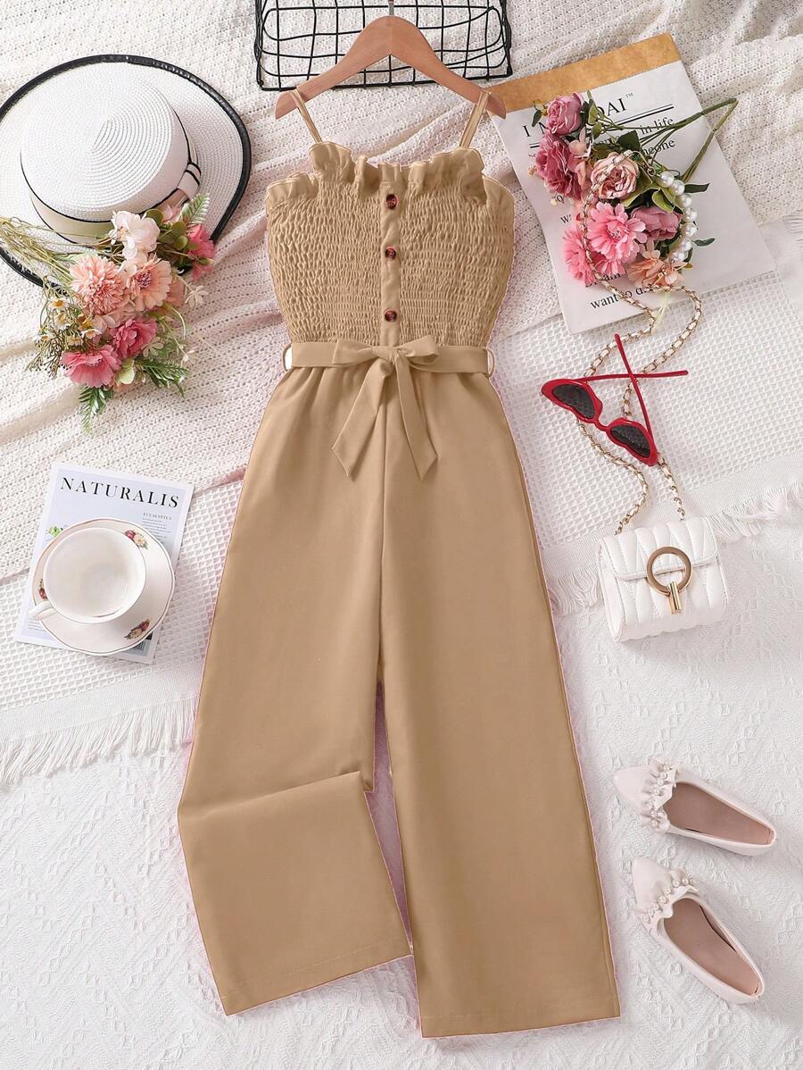 Tween Girls Tight Black Suspender Jumpsuit With Ruffle Top, Buttons, Waist Belted Bowknot Details Classy Outfits For Girls