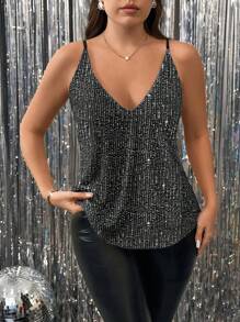 SHEIN Unity Plus Size Women Solid Color Sequin Decor Loose Camisole For Holiday Party Clothes - Black - View 4
