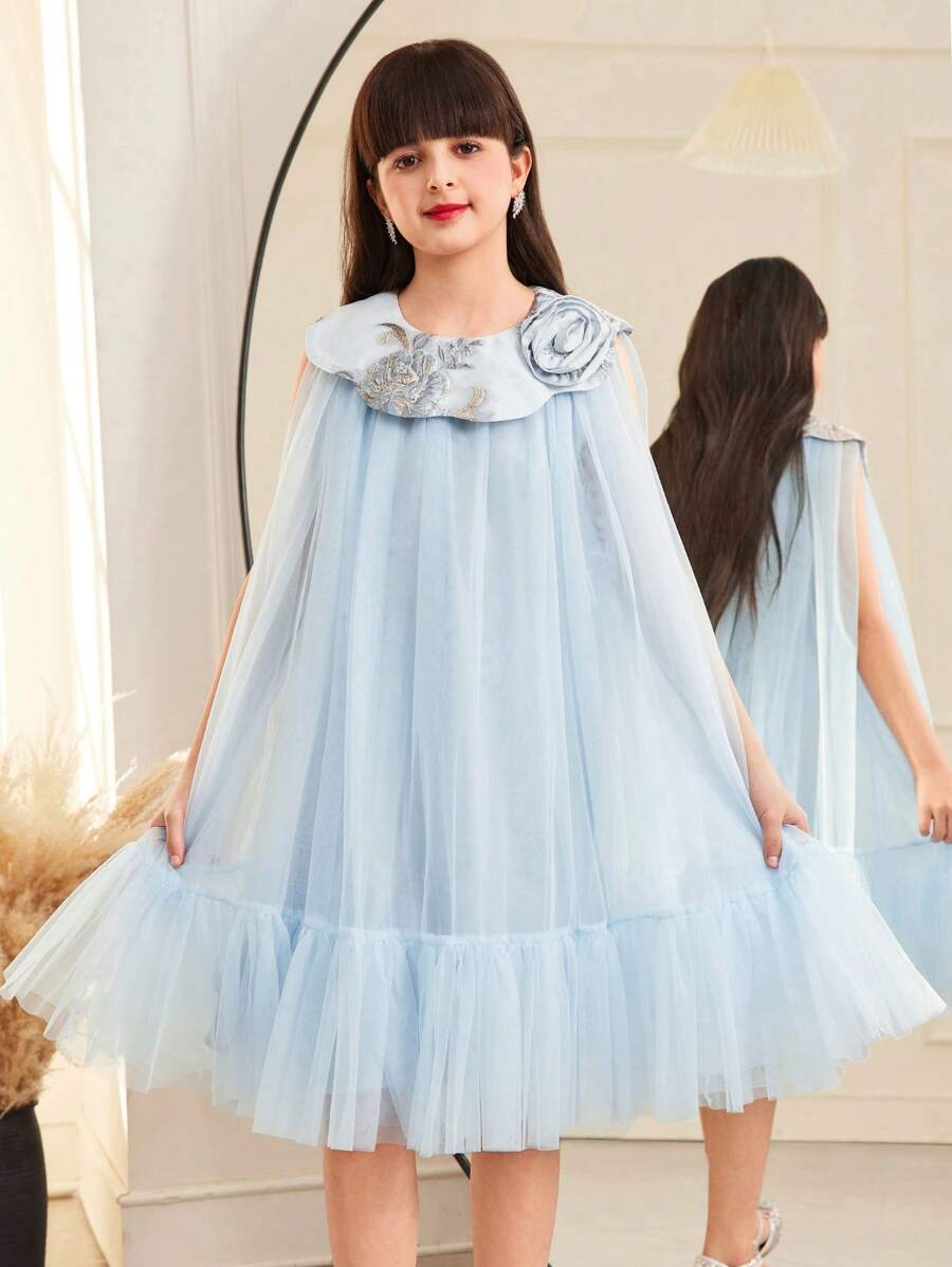 SHEIN Tween Girl Elegant Floral Petal Collar Contrast Mesh Jacquard A-Line Dress - Blue - View 1
