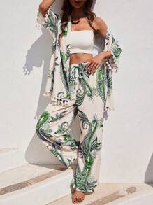 Breezaya 2 pezzi/set Donna Vacanza Stampa floreale di anacardi Kimono con nappe a 3/4 maniche e pantaloni, completo casual