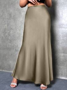SHEIN Tall Women's Elegant Satin Solid Color Skirt Long Skirts For Women Maxi Skirts For Women Women Skirts Long Women Long Skirts - Khaki - View 3