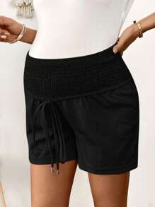 SHEIN Maternity Leisure Solid Color Drawstring Waist Shorts - Black - View 3