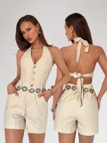 Roylia 1 件女士休闲吊带连身裤 - 卡其色 - 查看 1